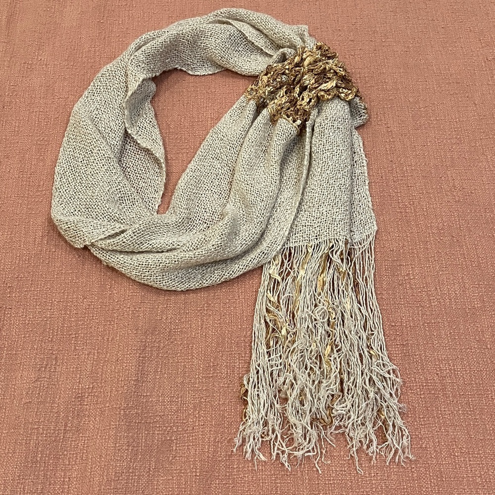 Chic Cream and Gold Women's Scarf with copper toned ribbons
